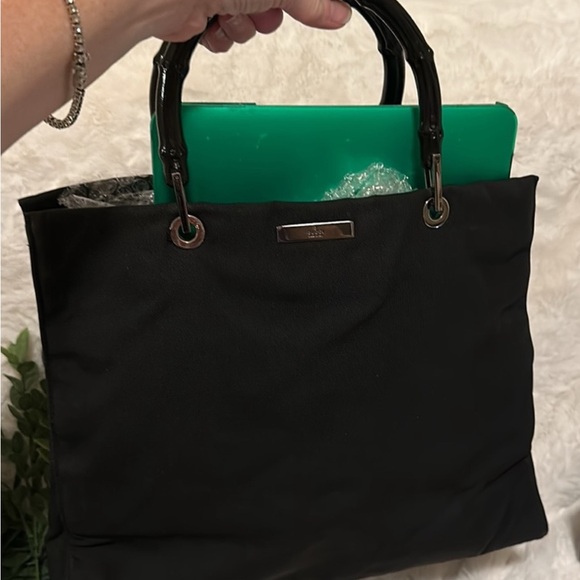 GUCCI 🖤 Bamboo handles black thick fabric tote 3 compartments Vintage Authentic - Picture 5 of 13